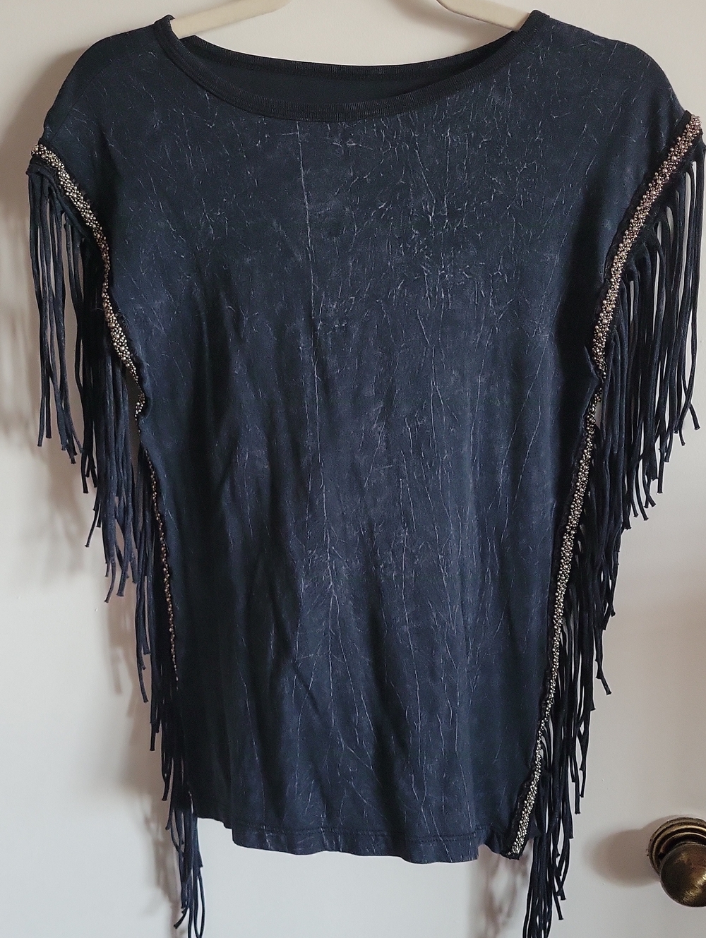 Affliction Black Fringe Muscle Tee with Beaded Trim